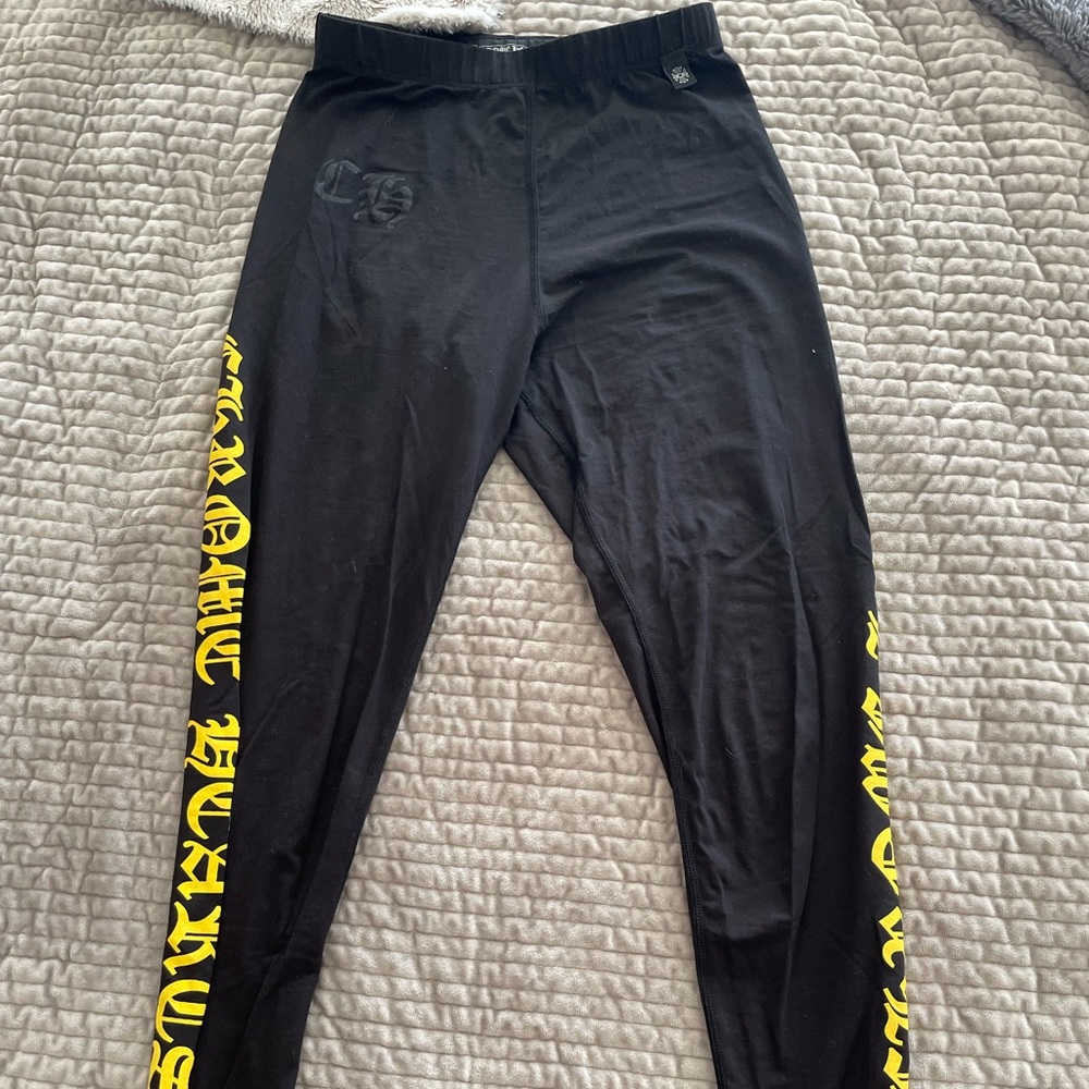Chrome Hearts Black Leggings with Yellow Gothic Side Print